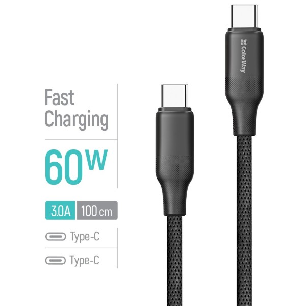Фото - Кабель Colorway Type-C - Type-C (TPE embossed) (PD Fast Charging 60W) 3А 1м Black (CW-CBPDCC101-BK)